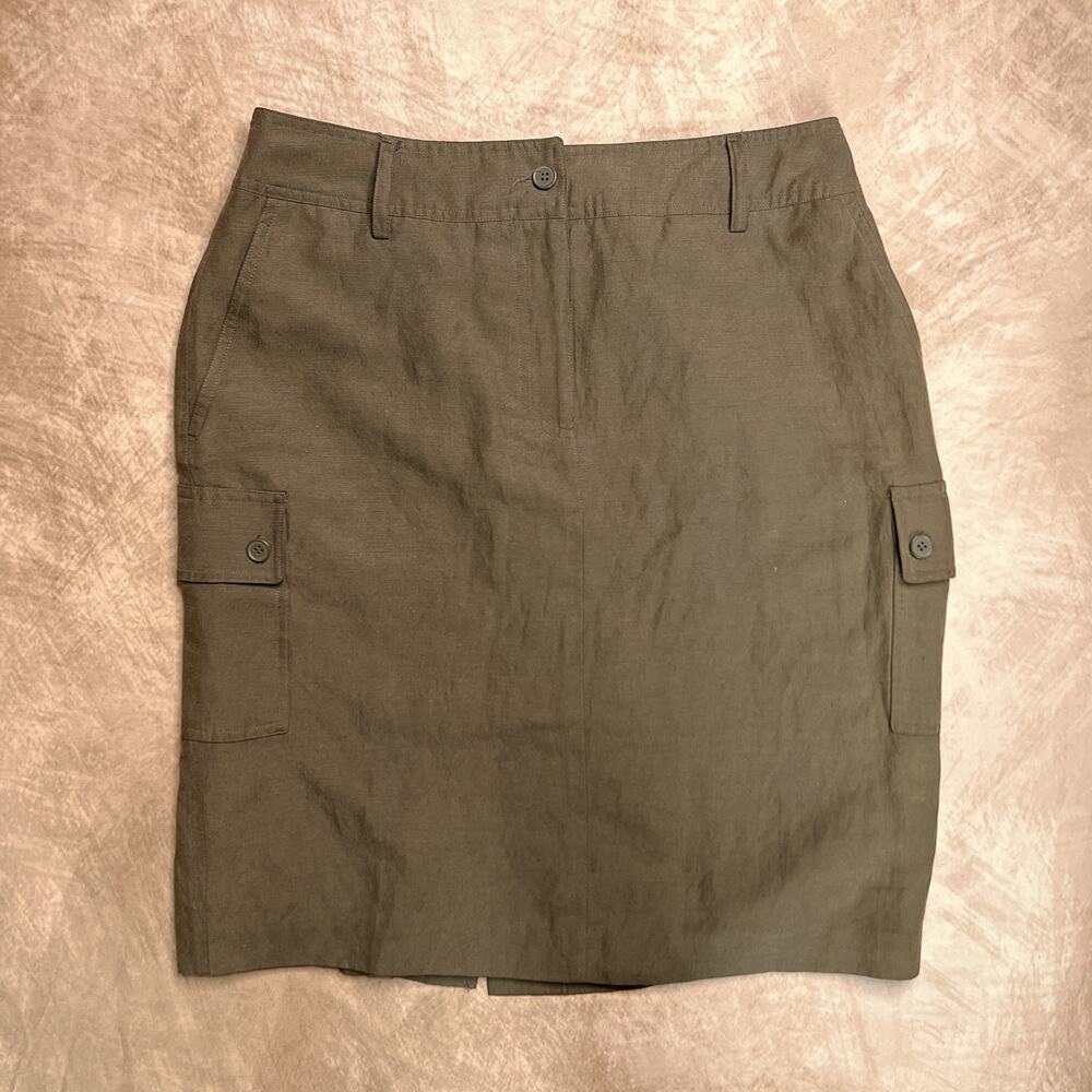 Vintage 90s Casual Corner Cargo Midi Skirt Satin Lined Back Slit Linen Blend Y2K